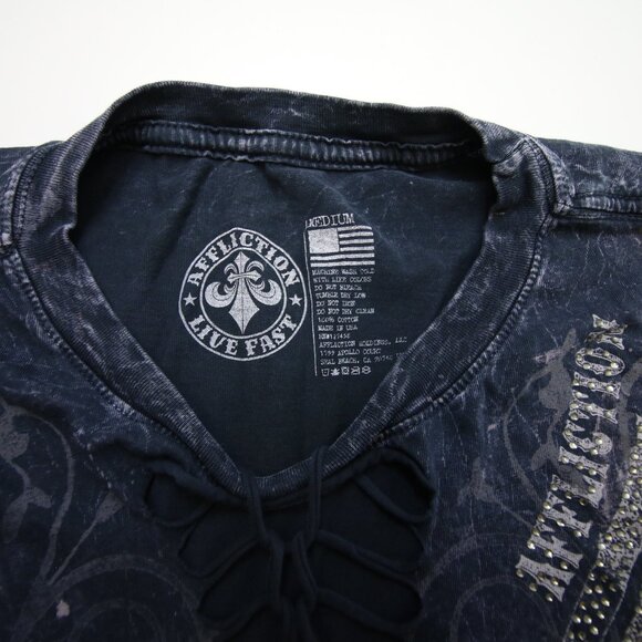 Affliction Womens T-Shirt Medium Embellished Wings Graphic Woven Cutout Grey Y2K - Picture 7 of 12